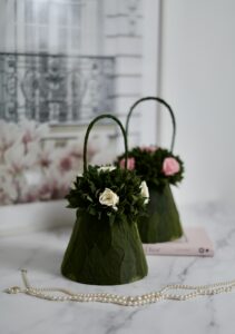 preserved velvet leaves, preserved rose, floral design