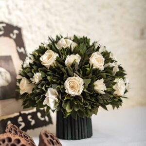 velvet leaves, floral bouquet, preserved roses