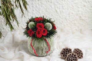 preserved grevillea, preserved carnation, preserved roses red, preserved stachys, floral design, Mother's Day gift