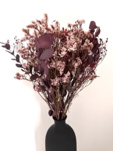 dried preserved limonium pink, preserved eucalyptus red