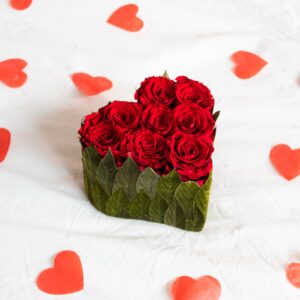 preserved red rose, preserved floral design, velvet leaves, bouquet, Valentine's